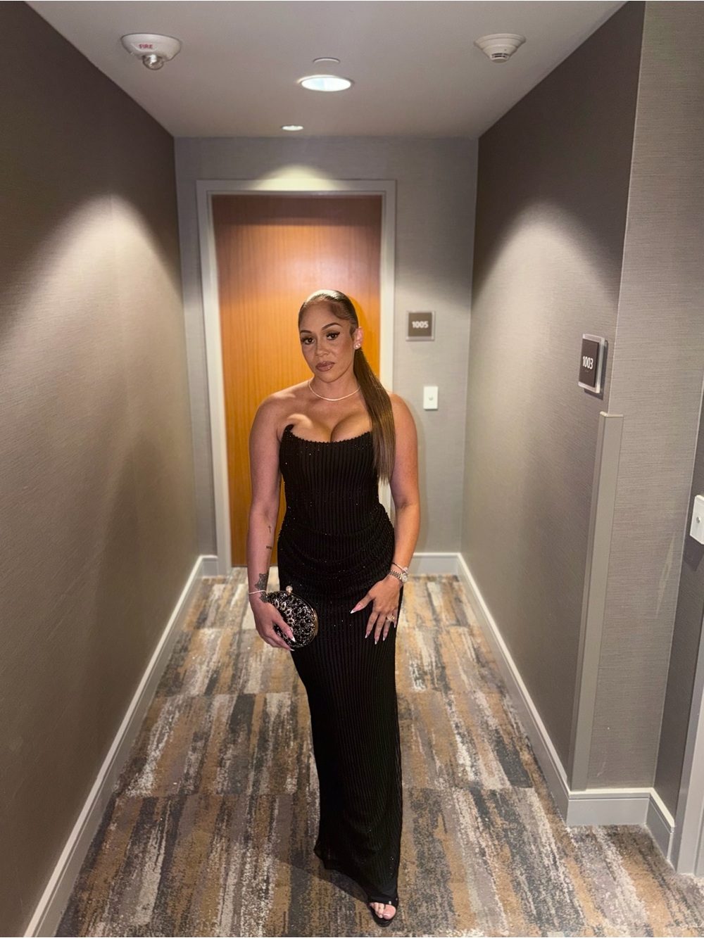 House of CB Elegant Black Strapless Beaded Evening Gown